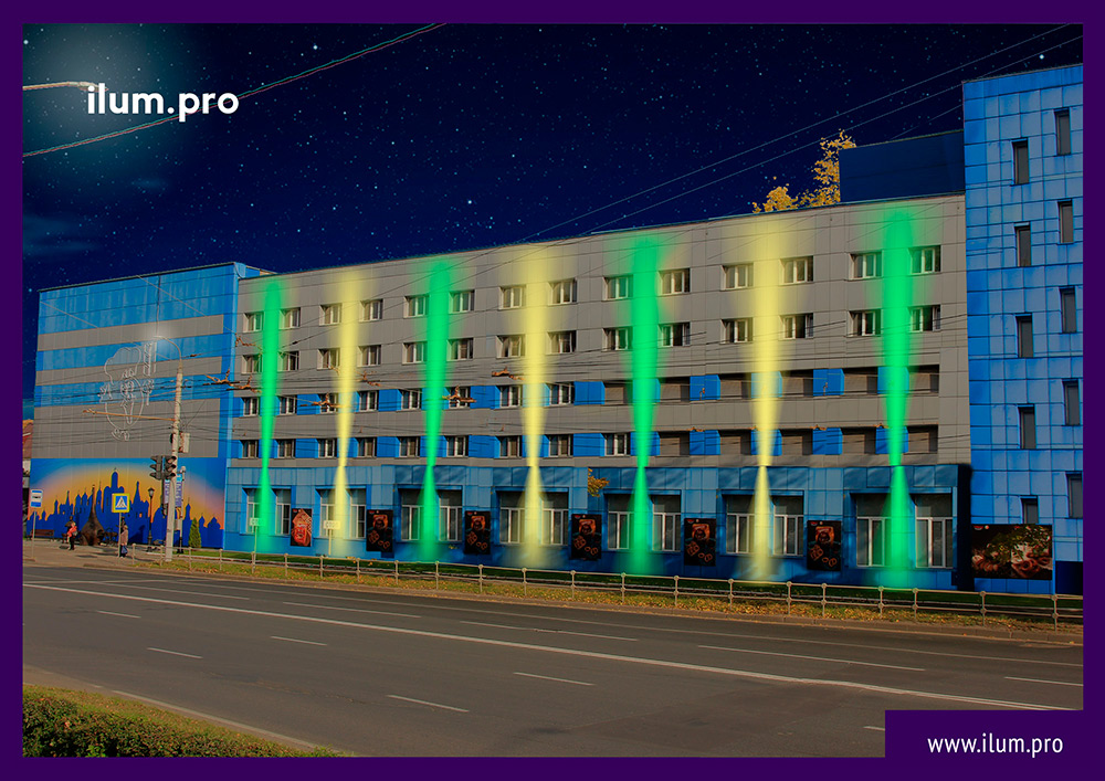 Разработка архитектурной подсветки на фасаде здания во Владимире, визуализация