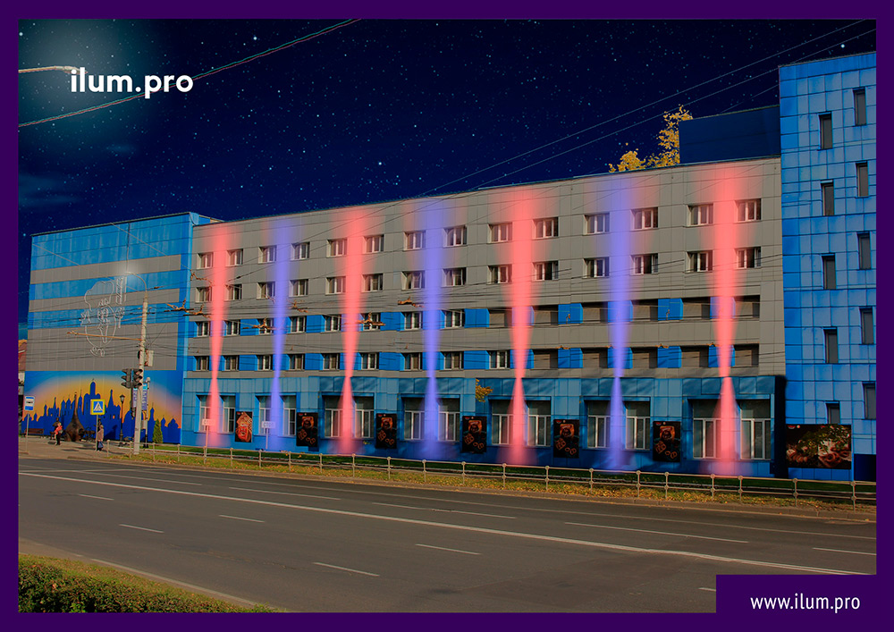 Архитектурная подсветка фасада здания разноцветными прожекторами - визуализация