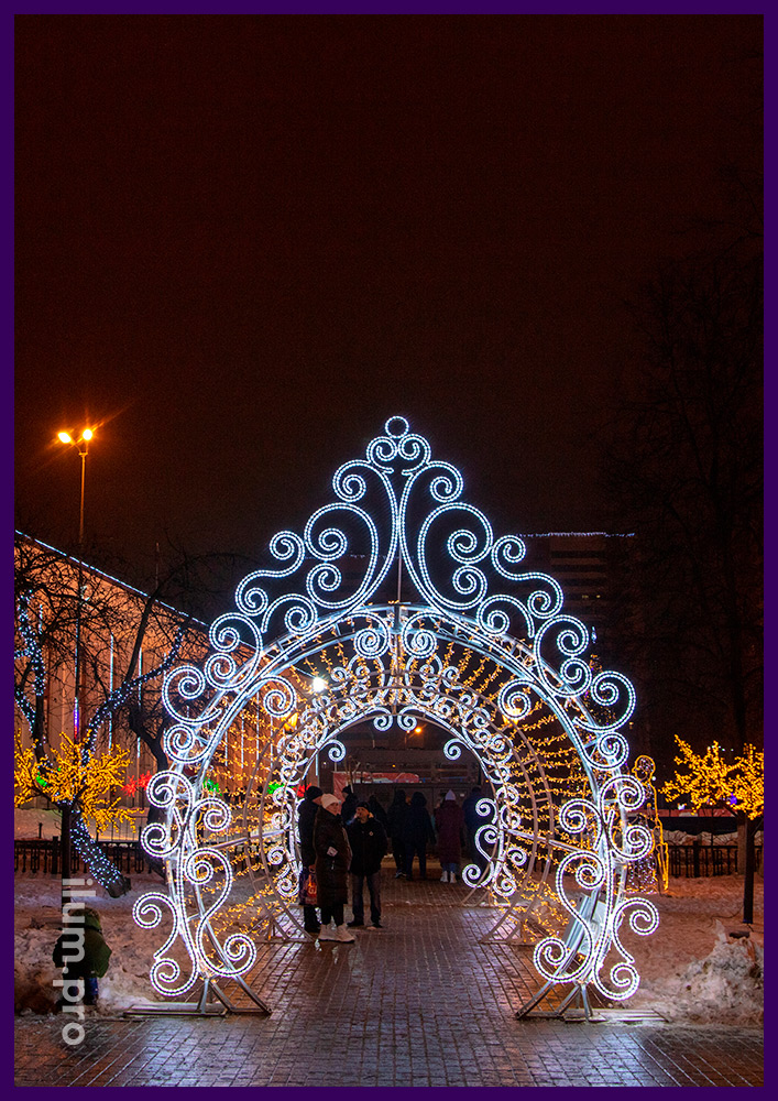 Фотозона уличная в форме тоннеля из гирлянд и контуров из дюралайта в Подмосковье на Новый год