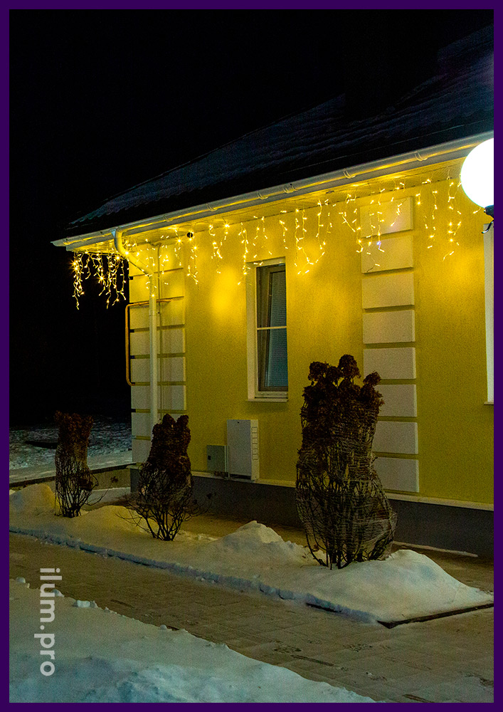 Иллюминация светодиодная, гирлянды на крыше дома и дереве в саду Владимирской области