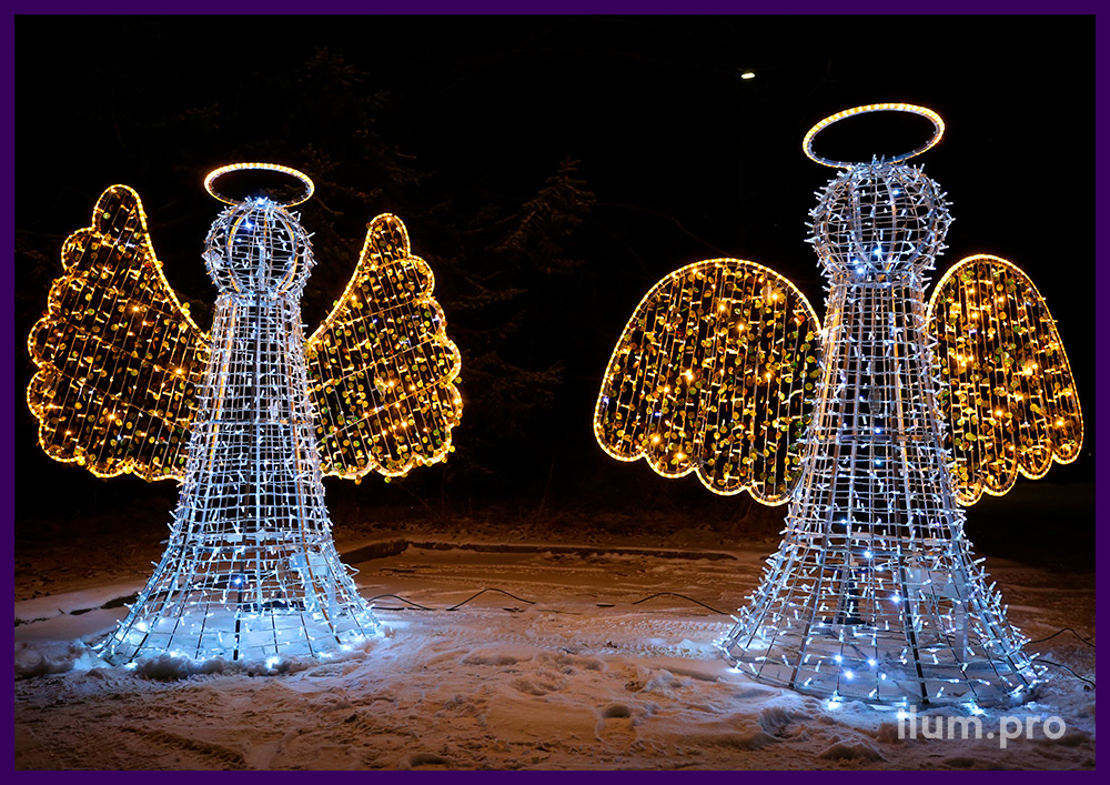 Декорации на Новый год и Рождество в виде светящихся ангелочков с гирляндами