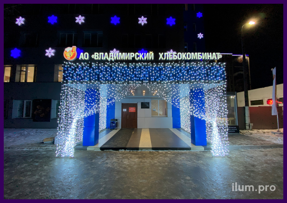 Белые гирлянды на входе в здание на новогодние праздники во Владимире