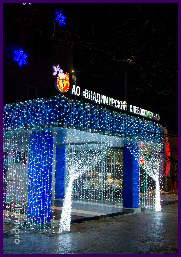 Украшение здания светодиодными гирляндами белого цвета, новогодняя подсветка во Владимире