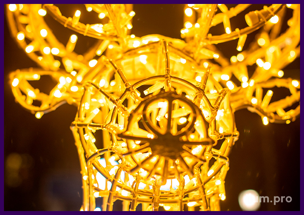 Новогодний Арзамас, украшение площади светодиодной фотозоной с оленем и санями из гирлянд