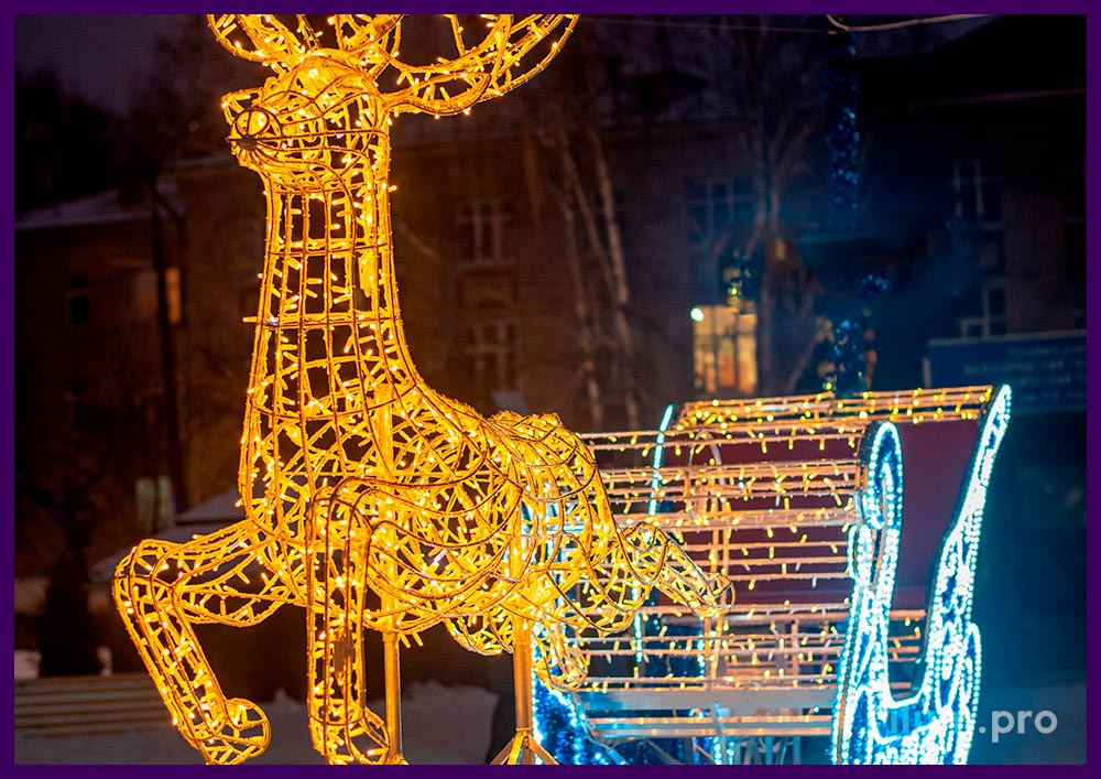 Новогодняя иллюминация на площади Арзамаса, фотозона в виде саней с оленем из гирлянд
