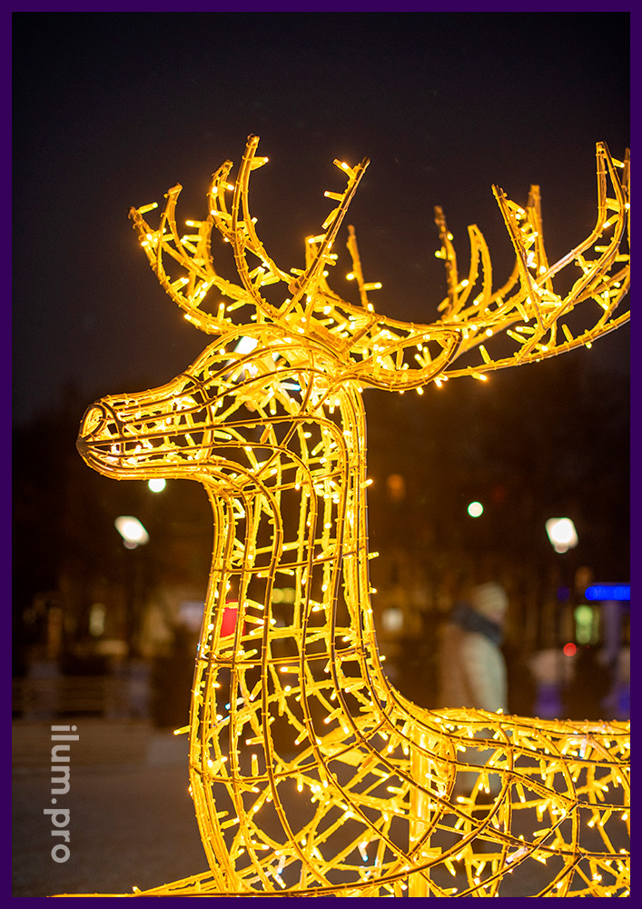 Новогодняя фотозона с подсветкой гирляндами в форме оленя с санями разных цветов