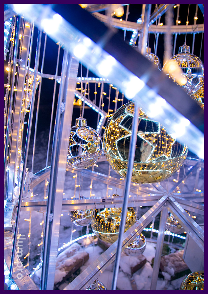Новогодние ёлки со звёздами из дюралайта, золотыми и серебряными шарами и уличными гирляндами