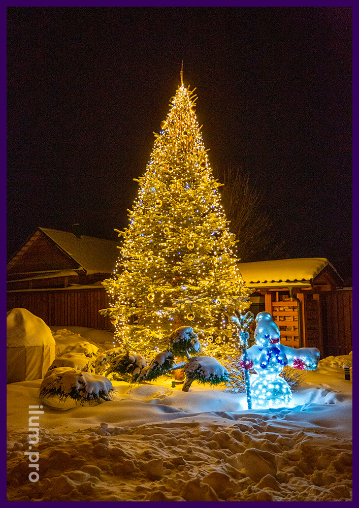 Новогоднее оформление участка во Владимирской области светодиодным снеговиком с мишурой и уличными гирляндами