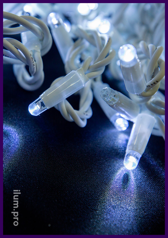 Мерцающая светодиодная гирлянда нить 10 м, белое свечение с флеш-эффектом, провод из белой резины