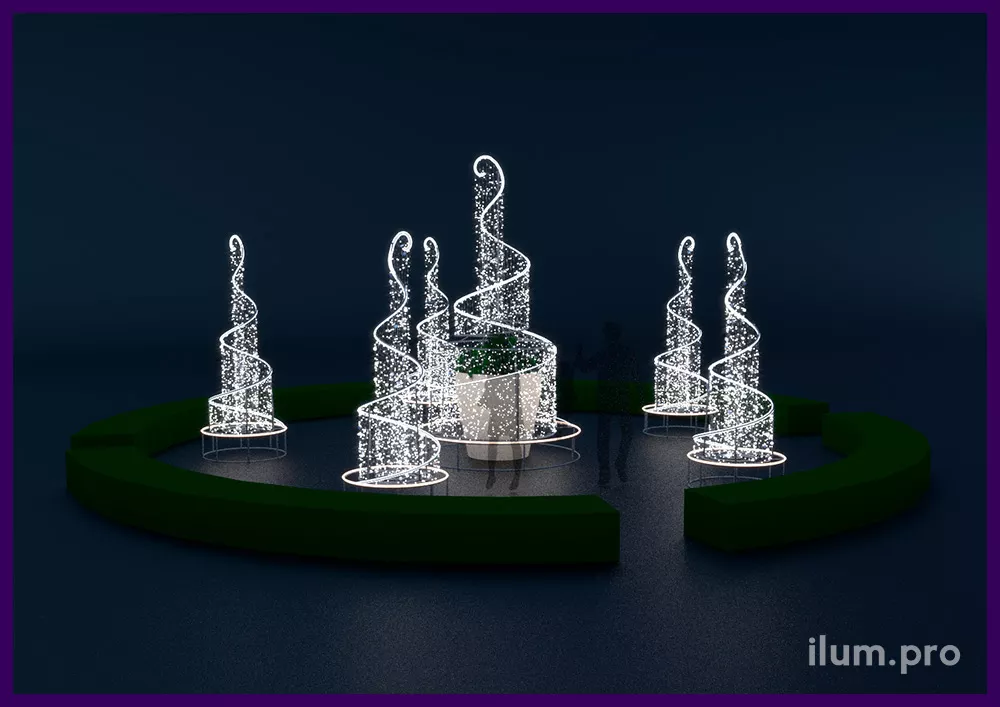 Светодиодные фонтаны из гирлянд и гибкого неона для украшения клумб