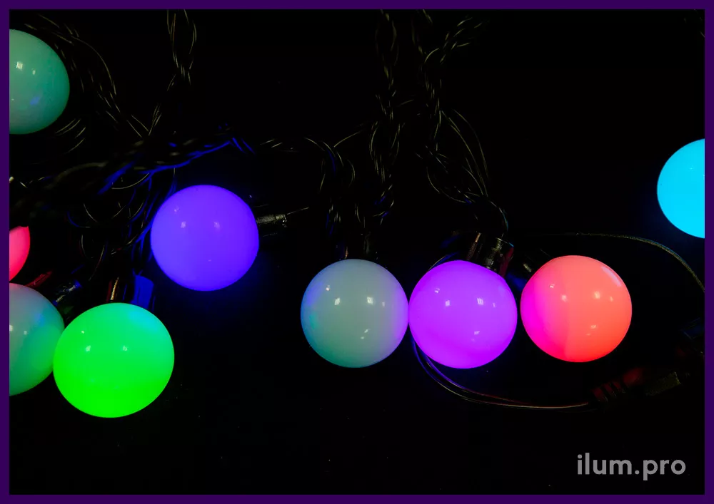Гирлянда с круглыми колпачками мультишарики, длина 5 м, RGB, диаметр лампочки 4 см