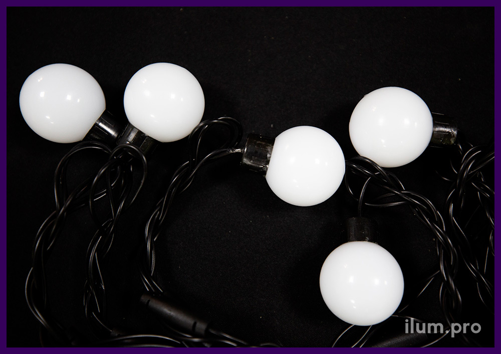 Мультишарики светодиодные на чёрном проводе из ПВХ, тёпло-белое свечение гирлянды