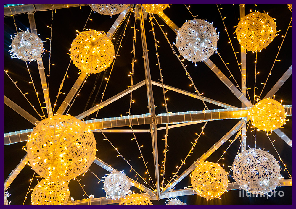 Новогодние декорации с гирляндами и пластиковыми шарами на металлическом каркасе