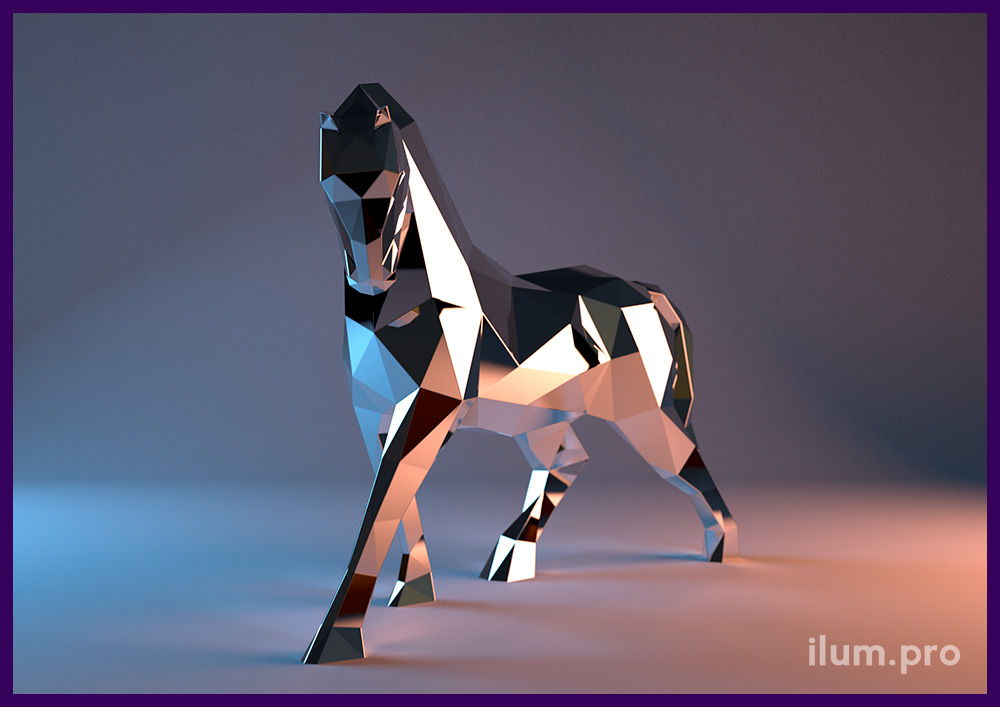Полигональная фигура лошади (коня) из нержавеющей стали для украшения парка