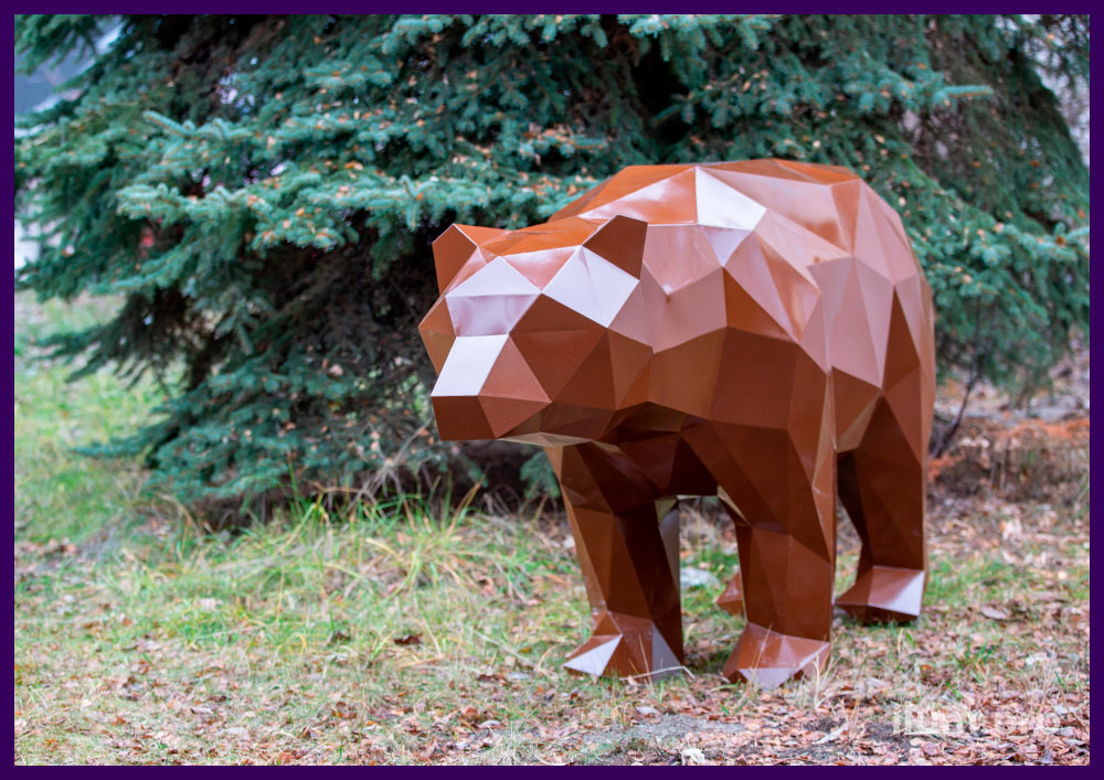 Медведь полигональный металлический коричневого цвета для улицы и помещений