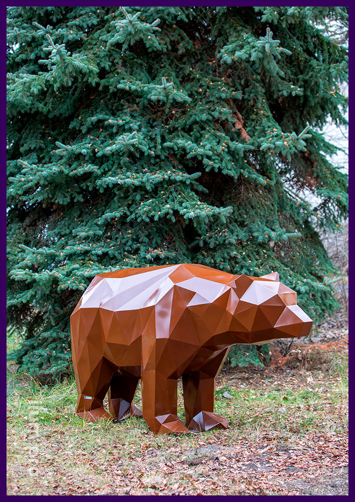Медведи металлические полигональные коричневого цвета, уличные арт-объекты с порошковым окрашиванием