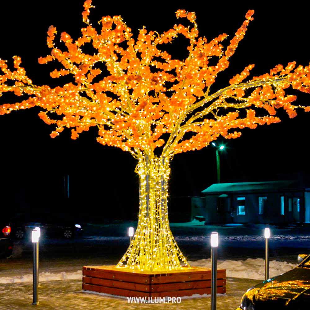 Светодиодное дерево с гирляндами, цветами и скамейкой в Лонгъюгане