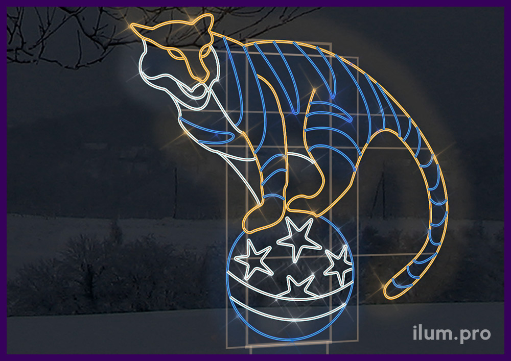 Тигры разноцветные из дюралайта и металлического каркаса - уличные консоли на Новый год