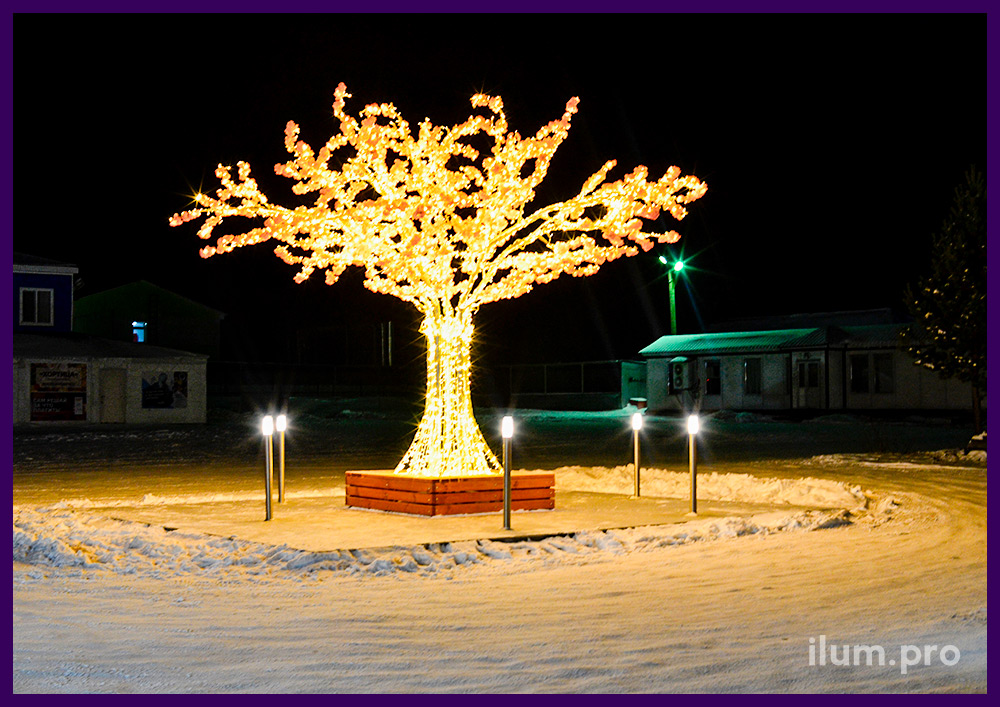 Тёпло-белые светодиодные деревья с цветами и скамейками на алюминиевом каркасе