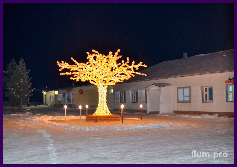 Светящееся дерево из алюминиевого каркаса с цветами и подсветкой уличными гирляндами