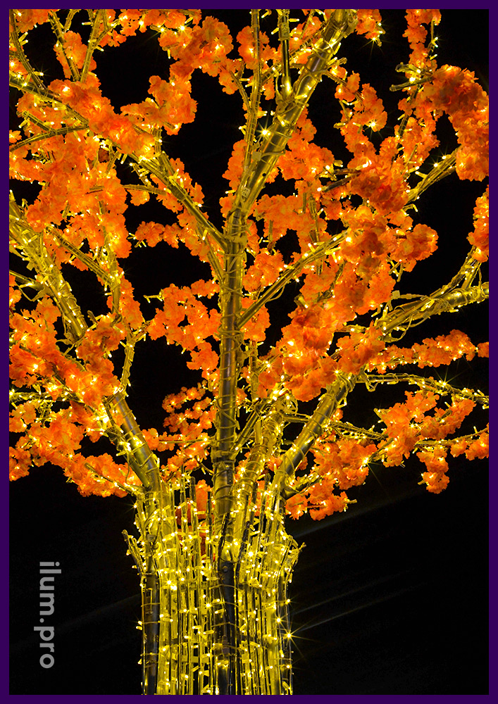 Тёпло-белое светодиодное дерево с каркасом из алюминиевых труб и искусственными цветами