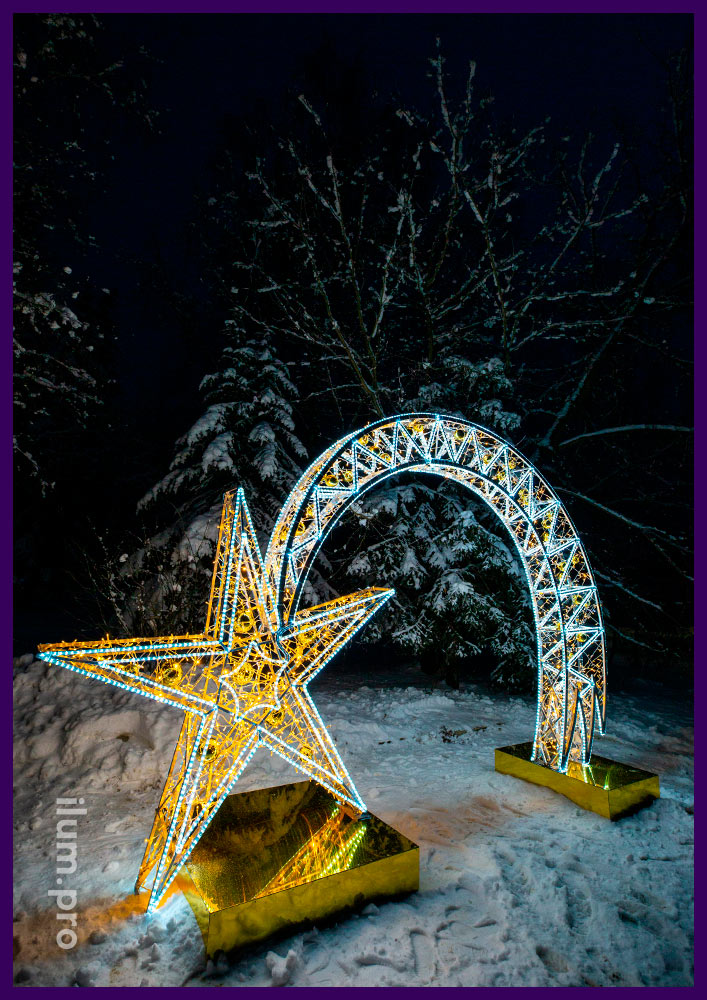 Арка Падающая звезда с золотым декором и гирляндами белого и тёпло-белого цвета, защита IP65