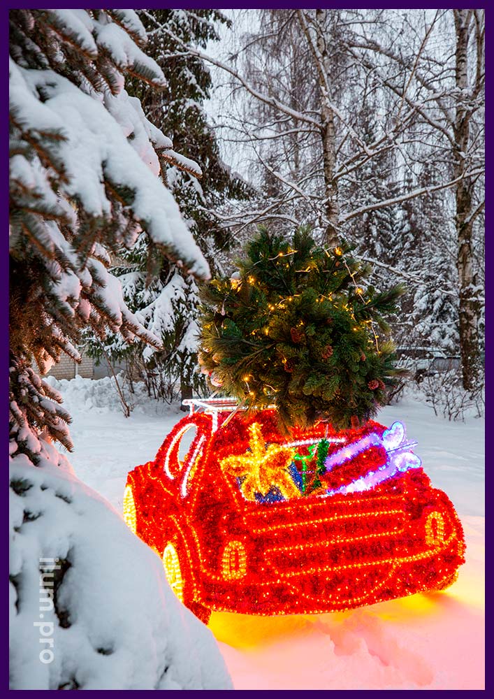 Красная светодиодная машина с ёлкой на крыше - конструкция для украшения улицы и интерьера на новогодние праздники