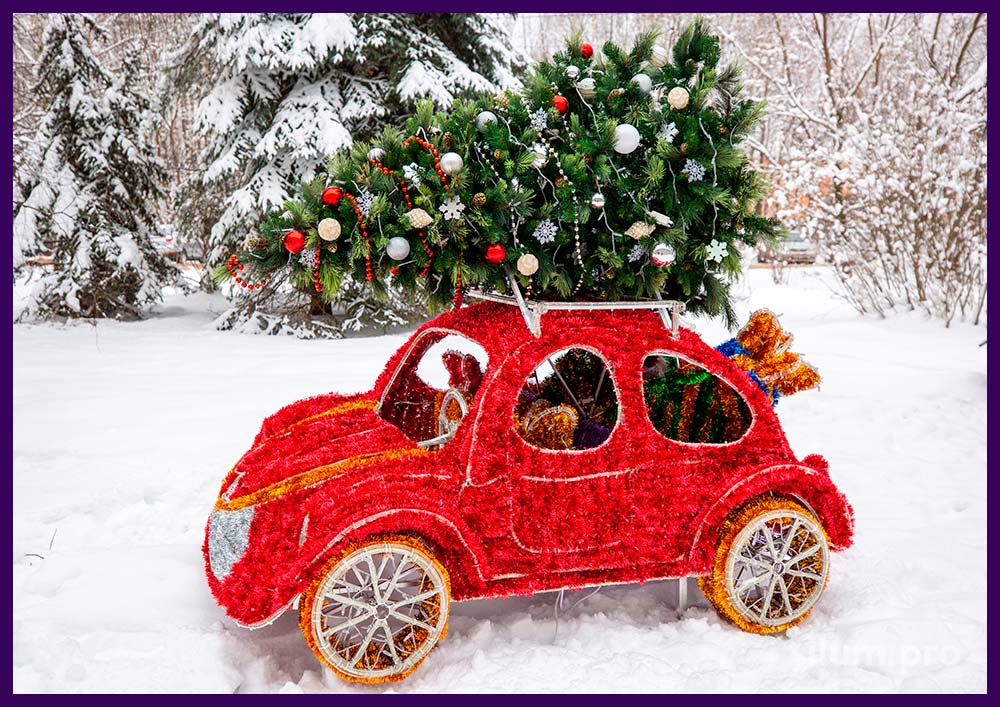 Световые фигуры в форме автомобилей с гирляндами и дюралайтом - фотозоны на новогодние праздники