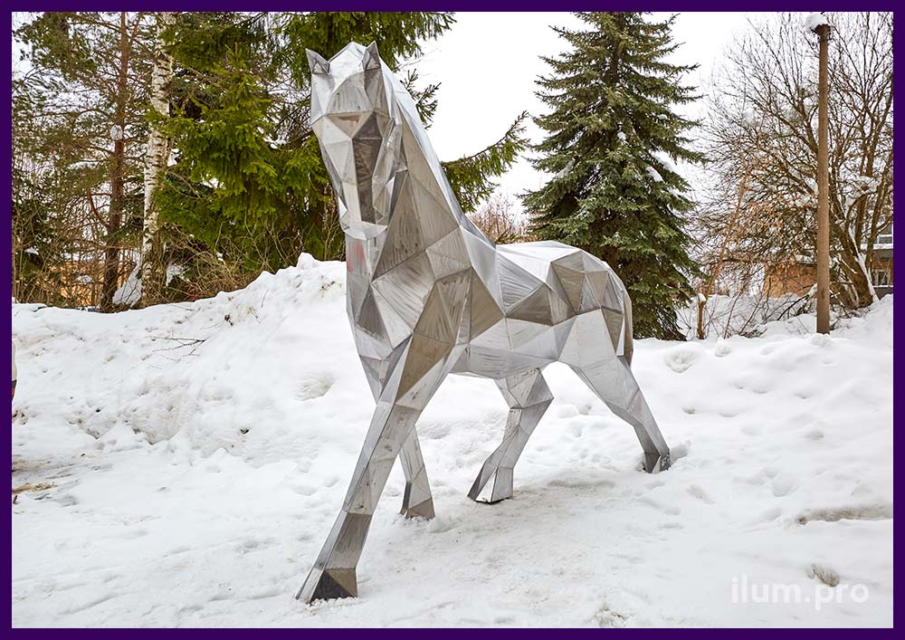 Лошадь полигональная металлическая для украшения ландшафта - арт-объект из кортена