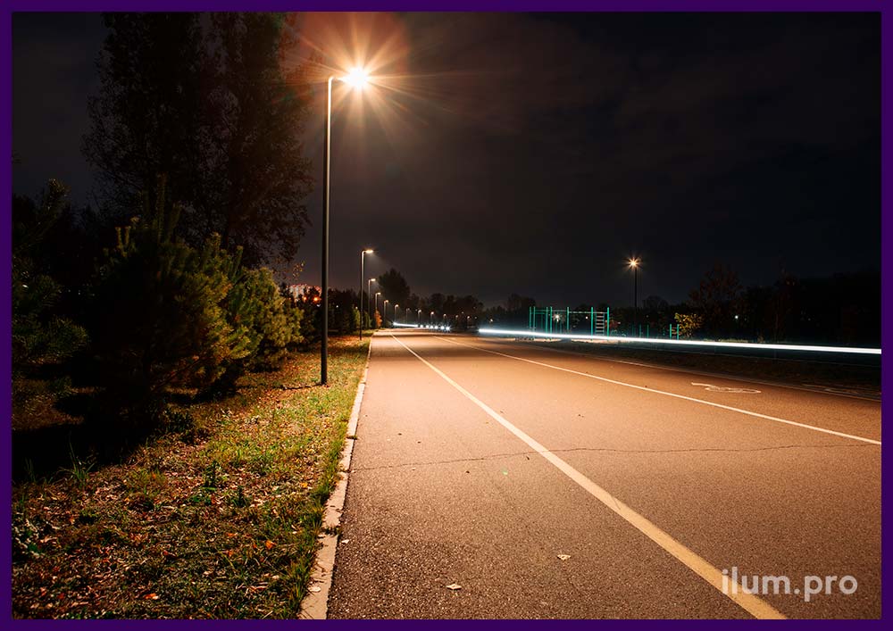 Освещение дороги мощными и стильными опорами с встроенными светильниками