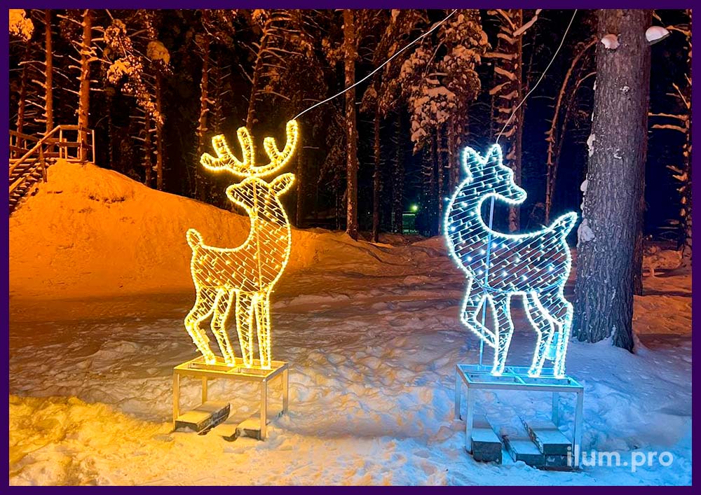 Световые фигуры в Бариновой роще - пара светящихся оленей с алюминиевым каркасом
