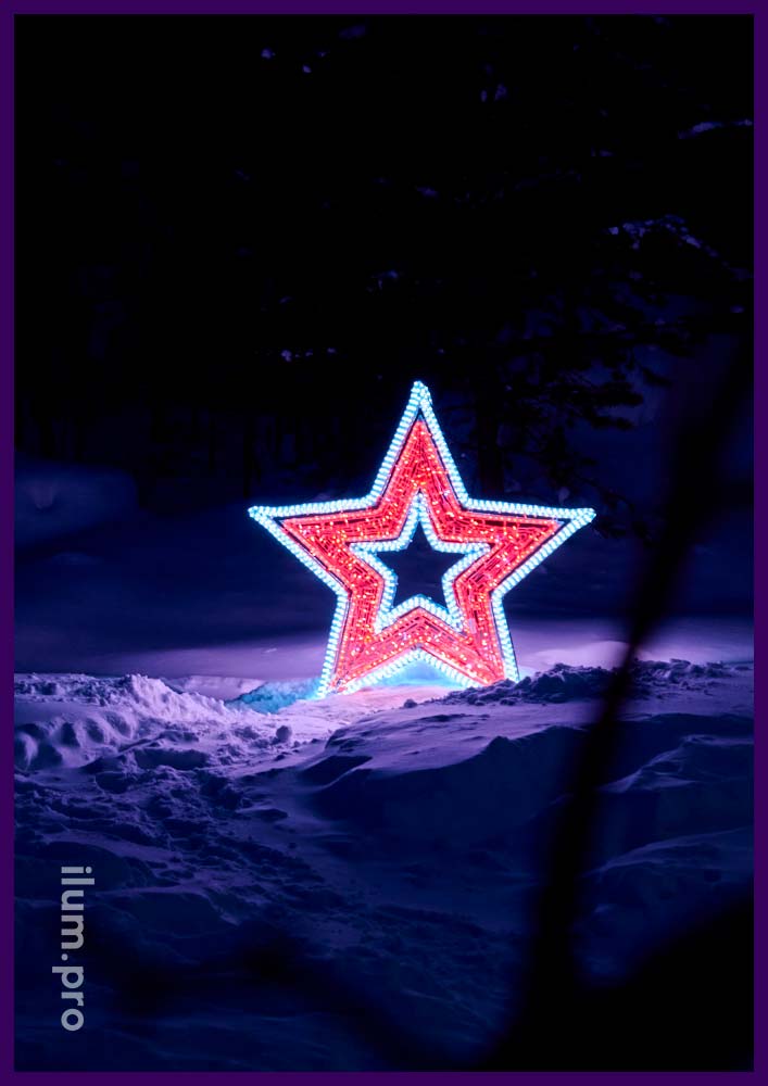 Светодиодная звезда из гирлянд и дюралайта с каркасом из алюминия - фотозона в Карелии