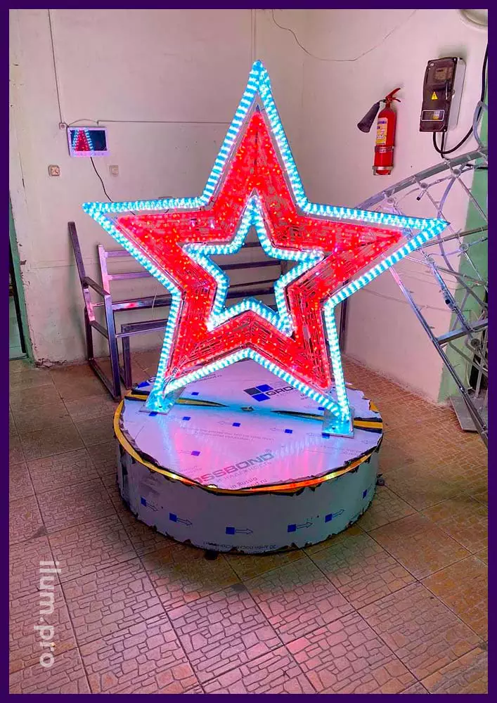 Производство уличной светодиодной фотозоны в форме звезды с дюралайтом и гирляндами на алюминиевом каркасе