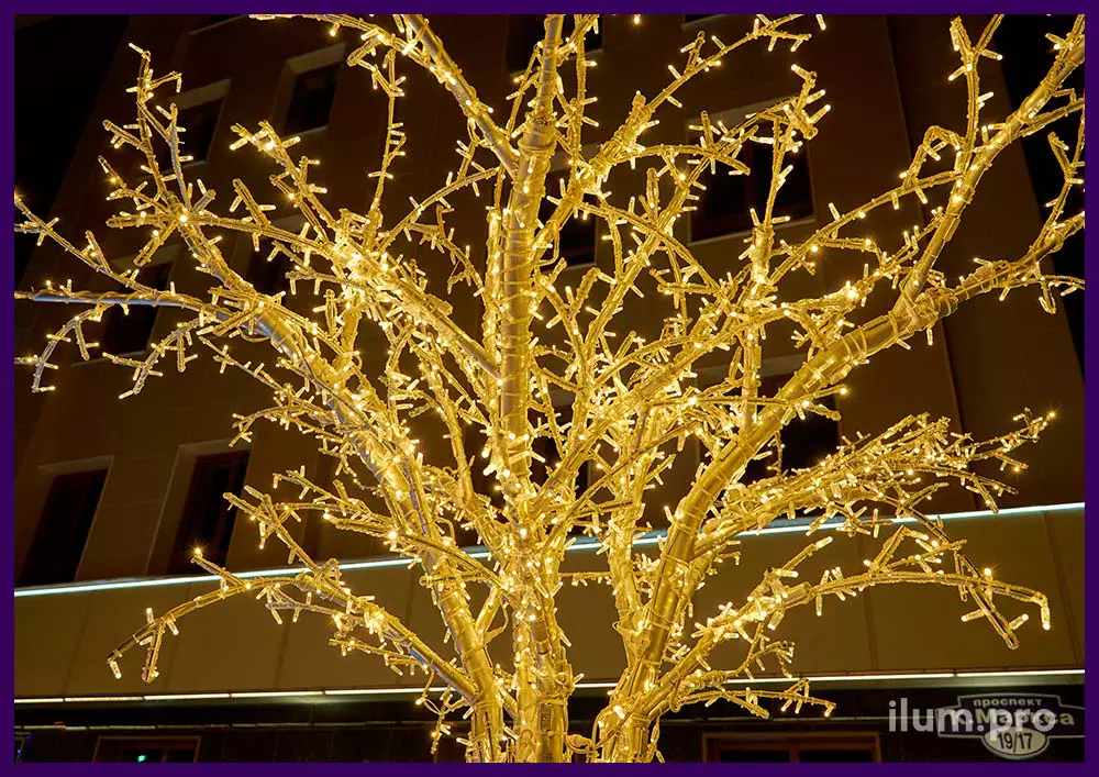 Дерево светящееся с уличными гирляндами тёпло-белого цвета и нержавеющим каркасом из алюминия