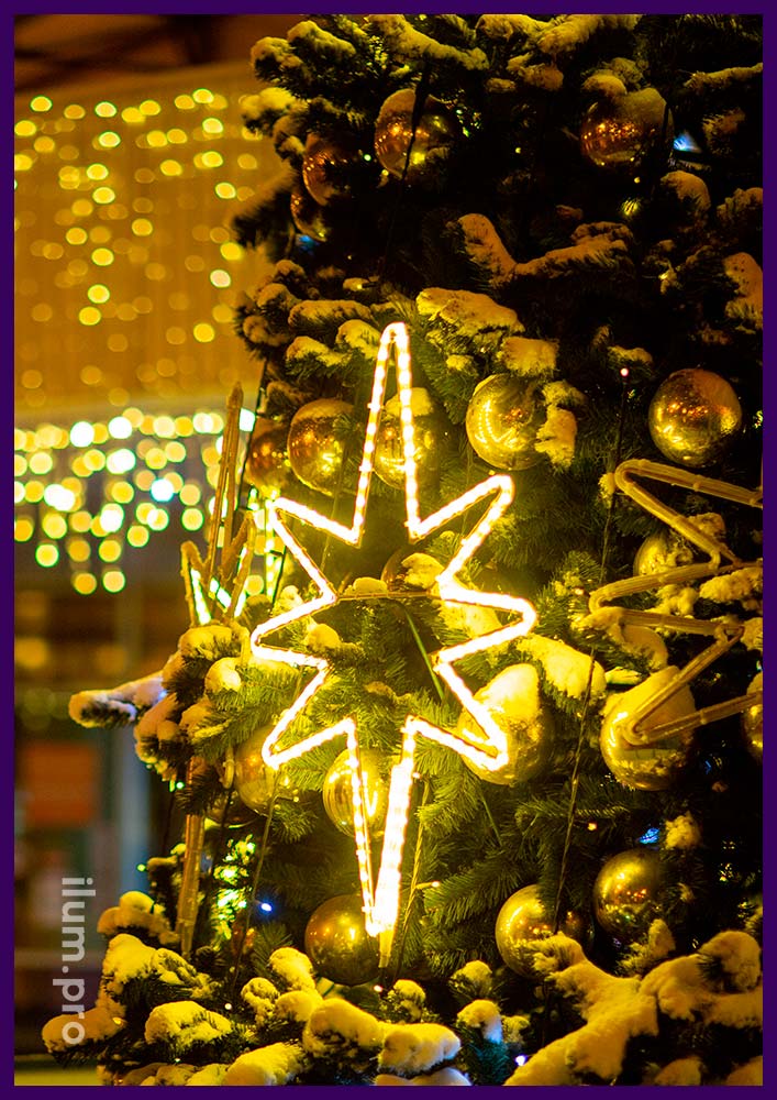 Ёлка с новогодней иллюминацией для торгового центра, светящиеся звёзды из дюралайта с защитой от осадков