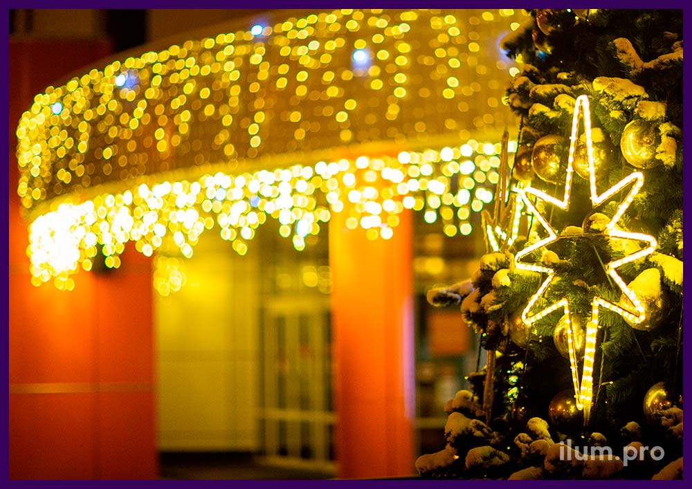 Контурные восьмиконечные звёзды из дюралайта для украшения уличной ёлки на Новый год в Воронеже