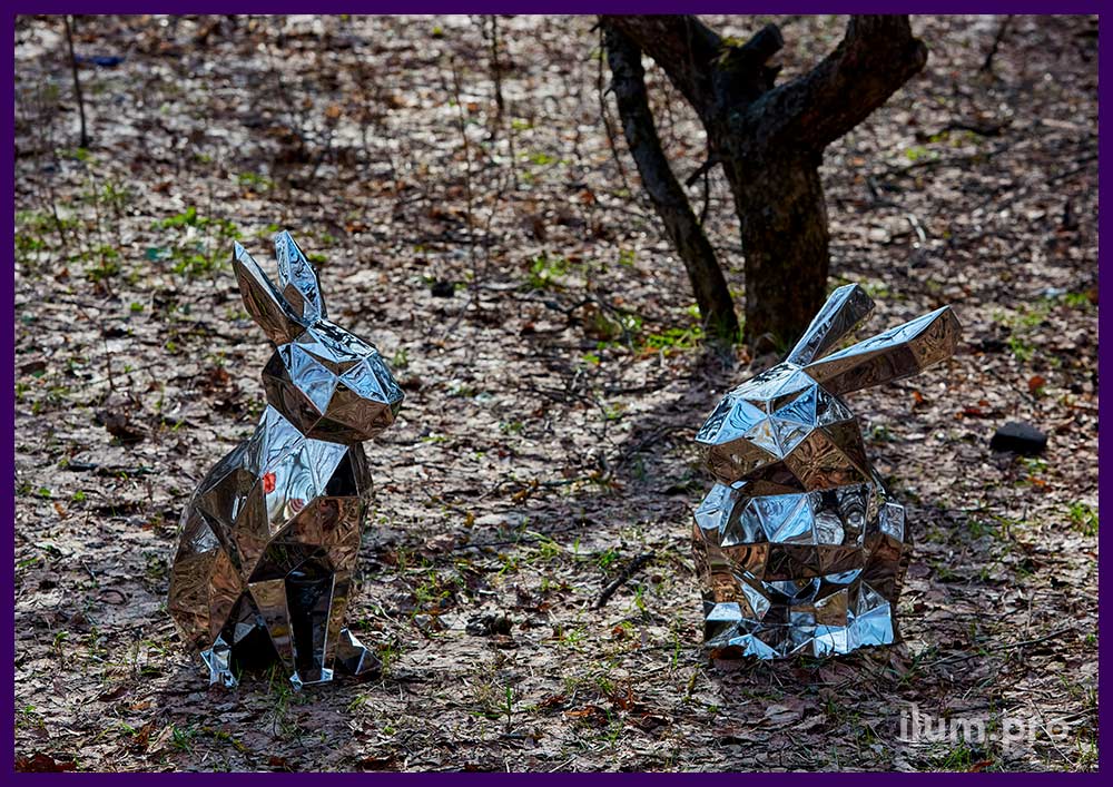 Зайцы полигональные - скульптуры из металлического каркаса с полированной поверхностью из нержавейки