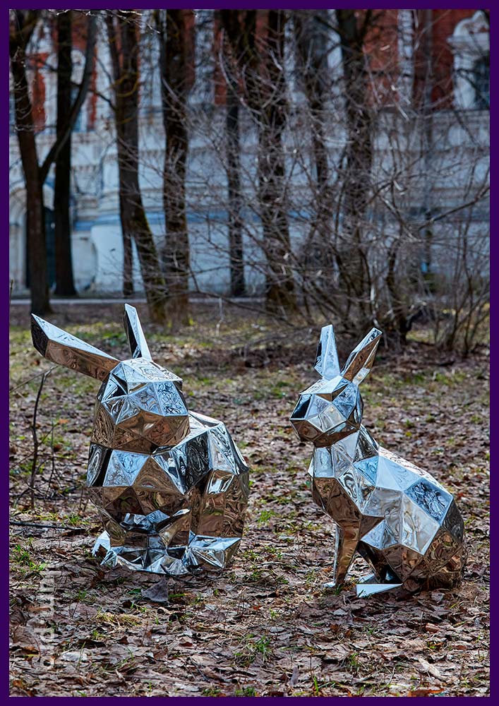 Зеркальные скульптуры зайцев в полигональном стиле, арт-объекты из полированной нержавейки