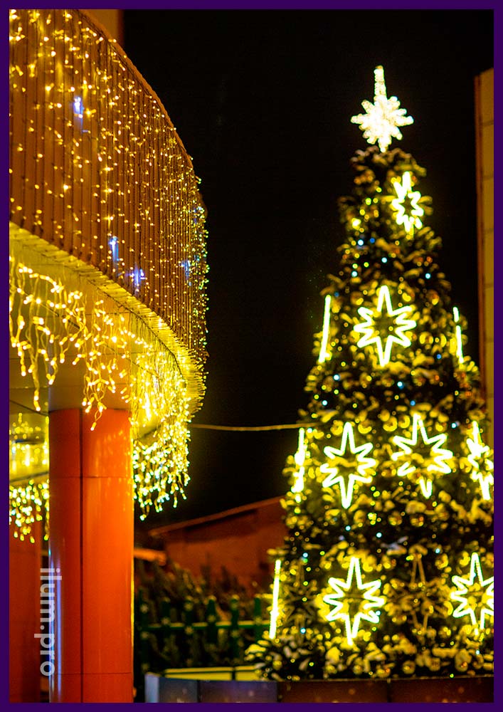 Звёзды светодиодные тёпло-белые для украшения уличной ёлки перед торговым центром в Воронеже