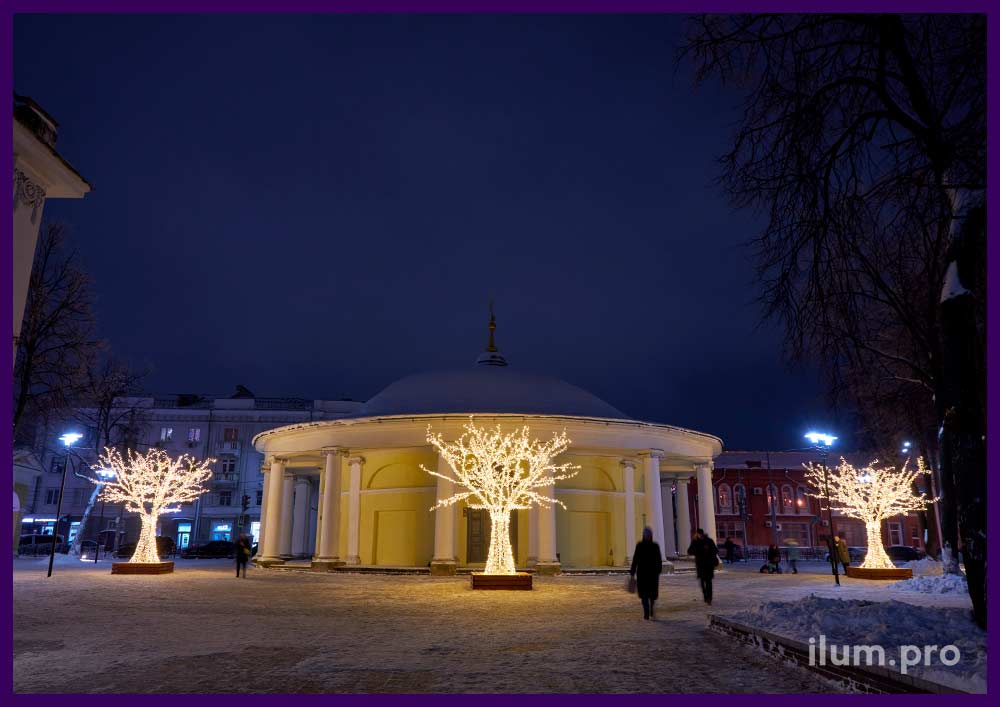 Украшение сквера в Ярославле на Новый год светодиодной иллюминацией тёплых оттенков