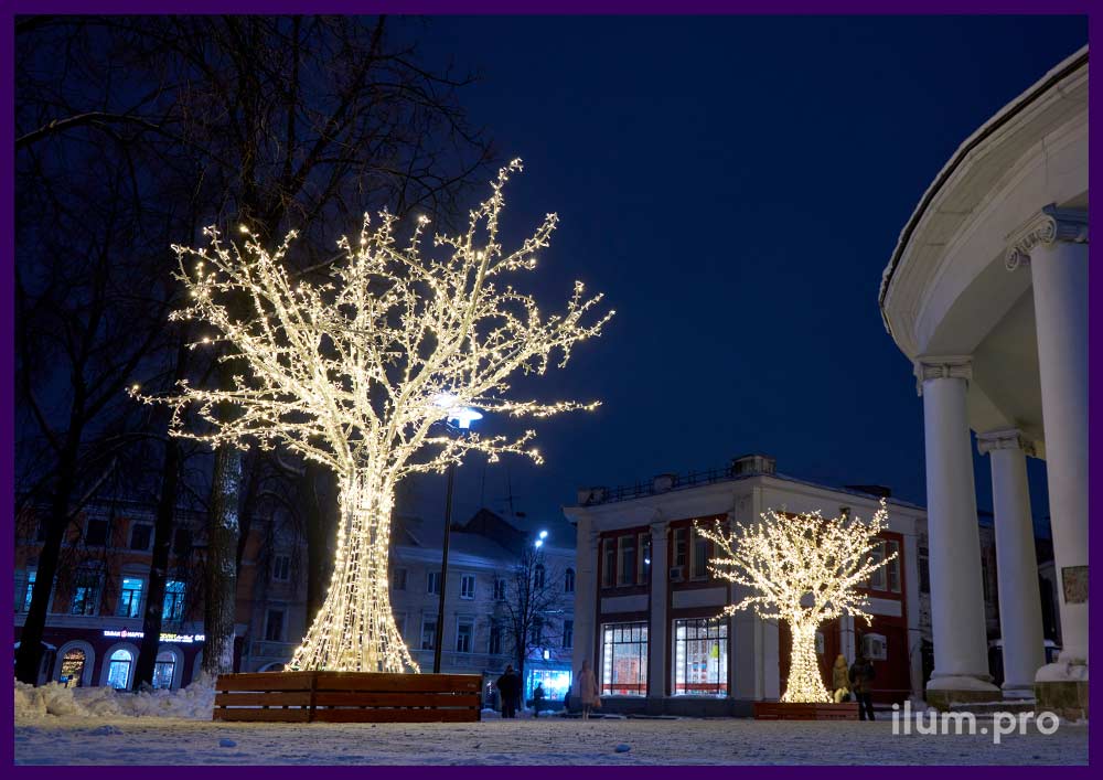 Украшение Ротонды в Ярославле на Новый год светодиодными деревьями с гирляндами