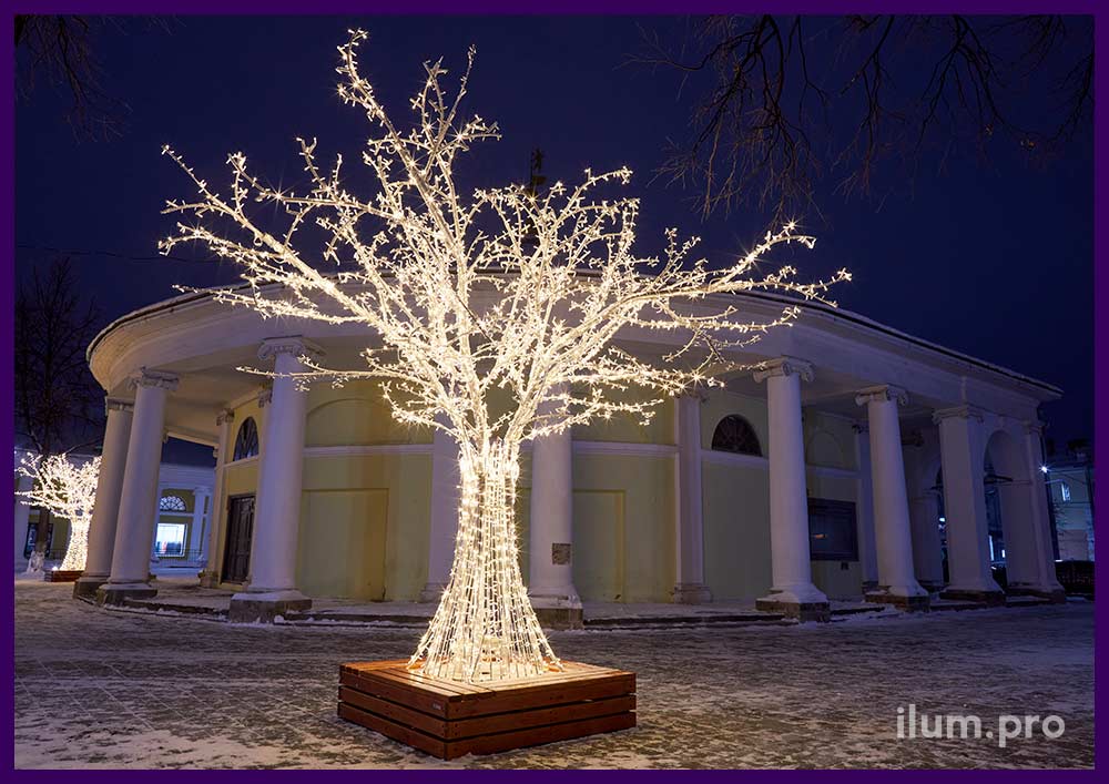 Новогодние декорации в виде светящихся деревьев с уличными гирляндами в Ярославле