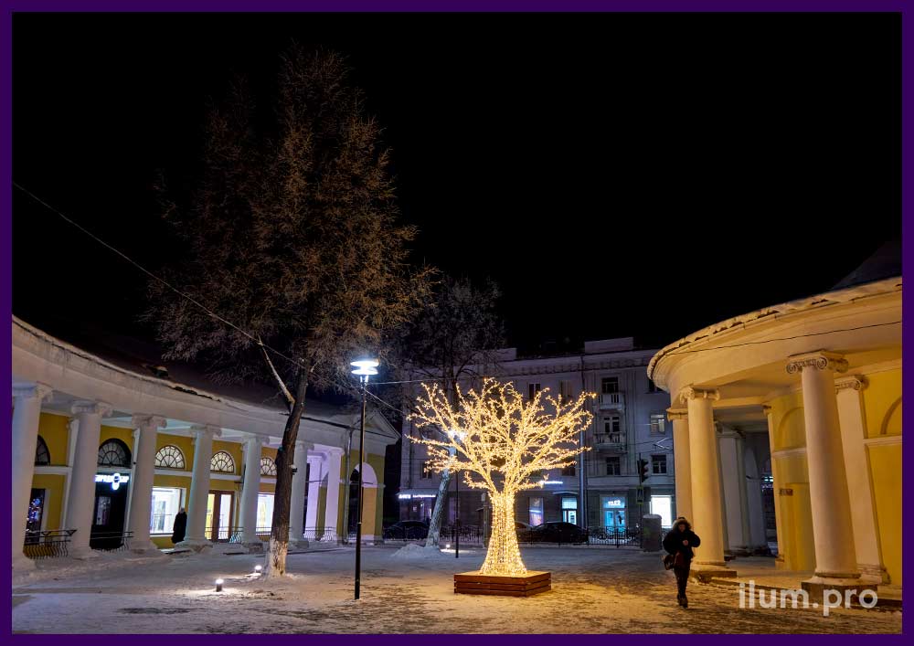 Новогоднее украшение площади в Ярославле светящимися деревьями из металла с уличными гирляндами
