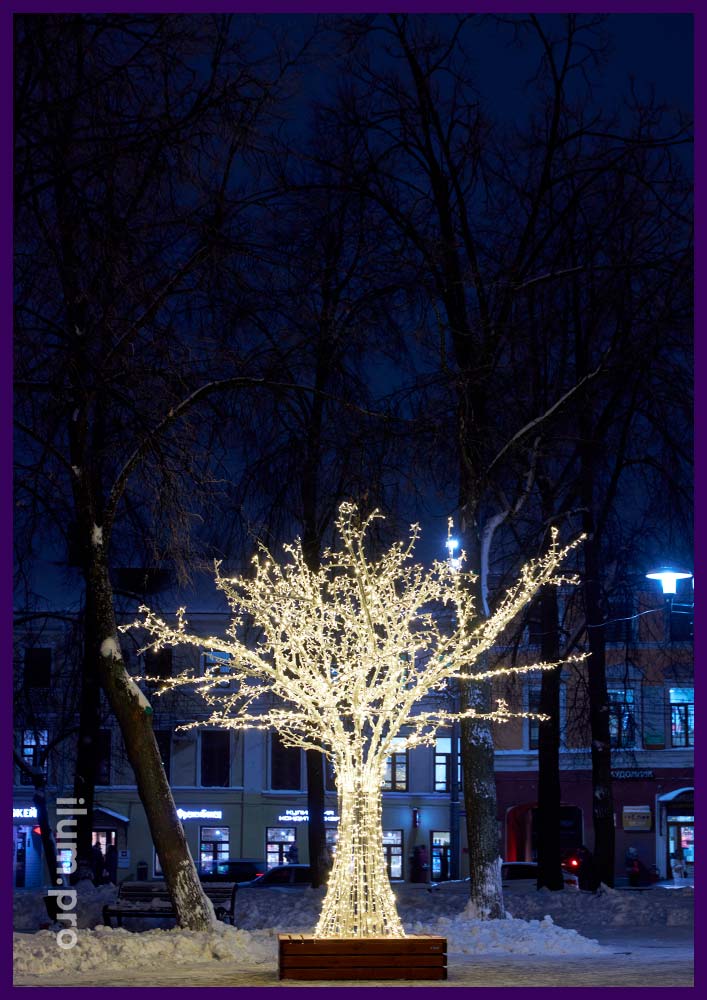 Дерево со светодиодными гирляндами в сквере Ярославля на Новогодние праздники, иллюминация от производителя