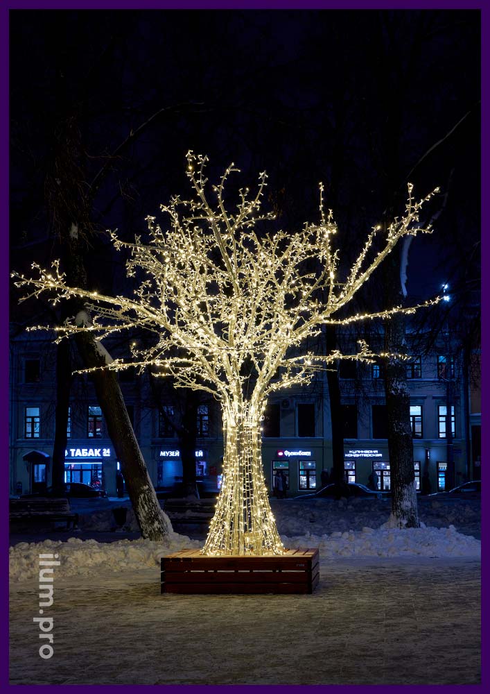 Благоустройство территории в Ярославле на Новый год, украшение светящимися деревьями с гирляндой