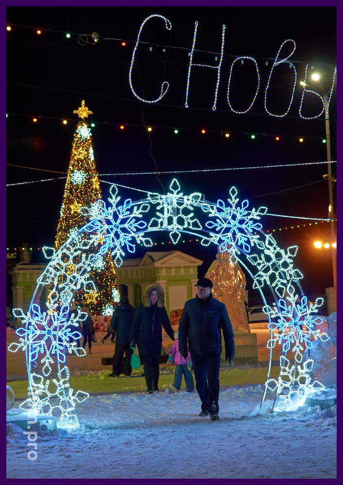 Арка светодиодная из снежинок с контурами из дюралайта белого и синего цвета в Новотроицке