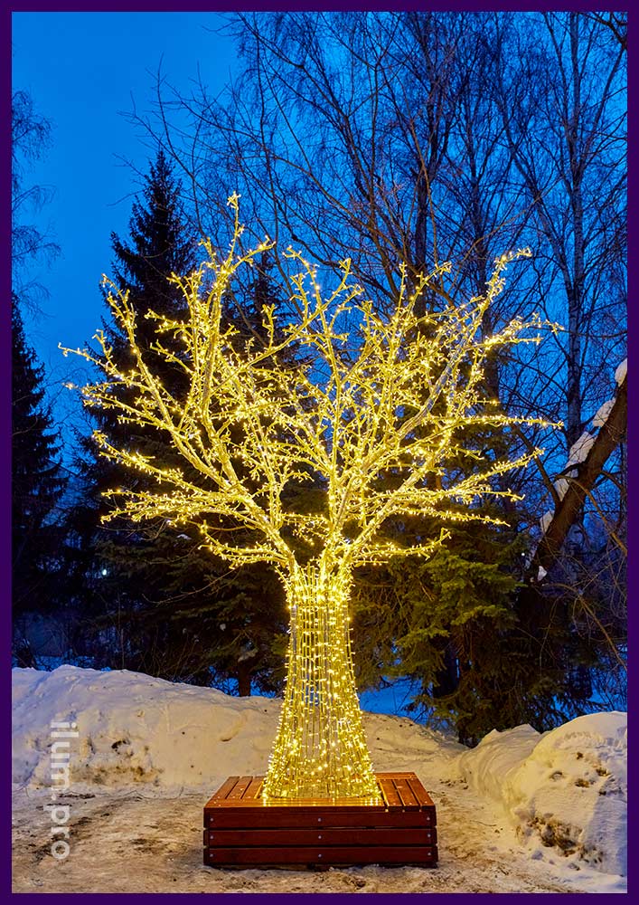 Тёпло-белое светодиодное дерево с гирляндами и каркасом из нержавеющего алюминия
