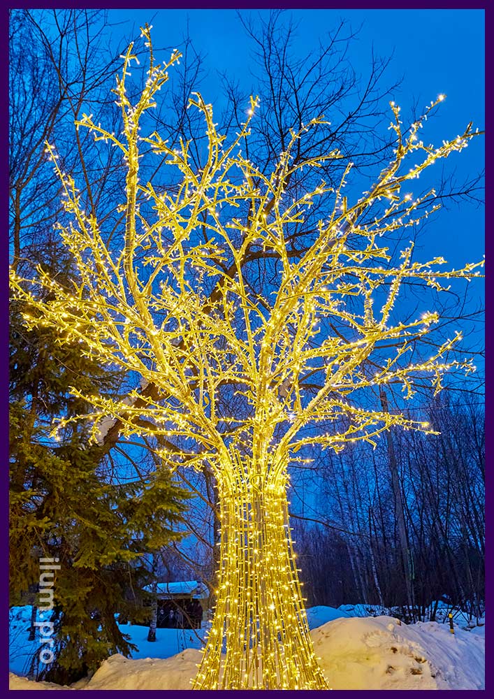 Украшение парка светящимся деревом с уличными гирляндами и дюралайтом, защита IP65