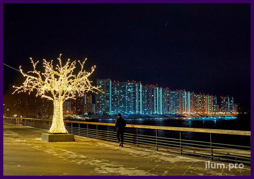 Уличные украшения в Красноярске на Новый год, украшение набережной световыми деревьями