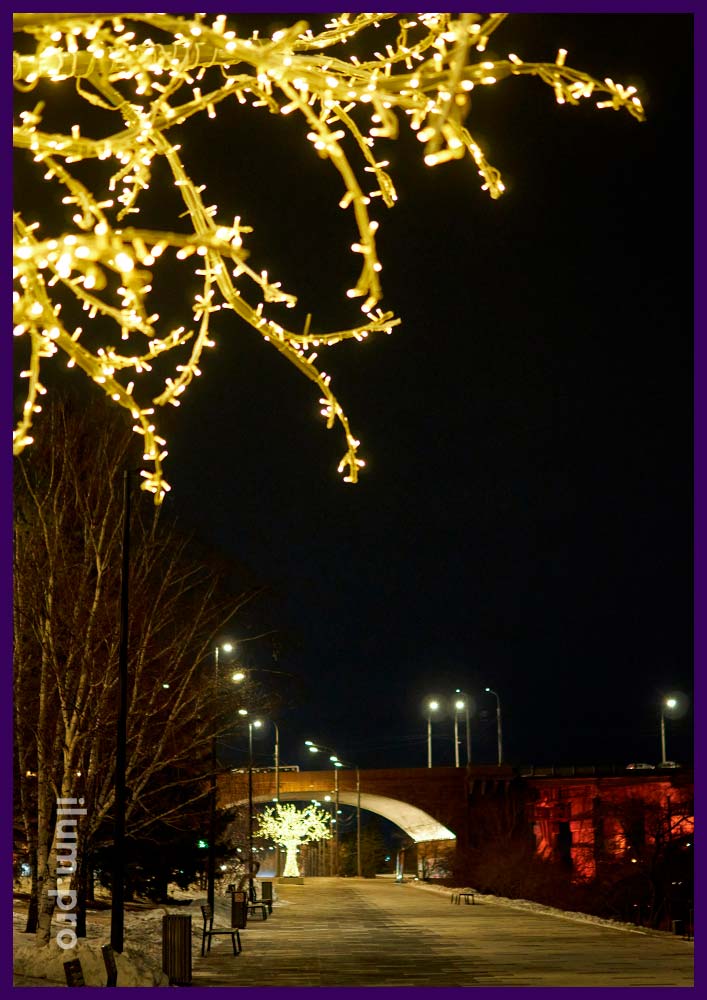 Новогоднее украшение набережной в Красноярске светодиодными деревьями с гирляндами
